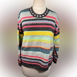 Merino Wool Mohair Striped Multicolor Crew Neck Sweater
